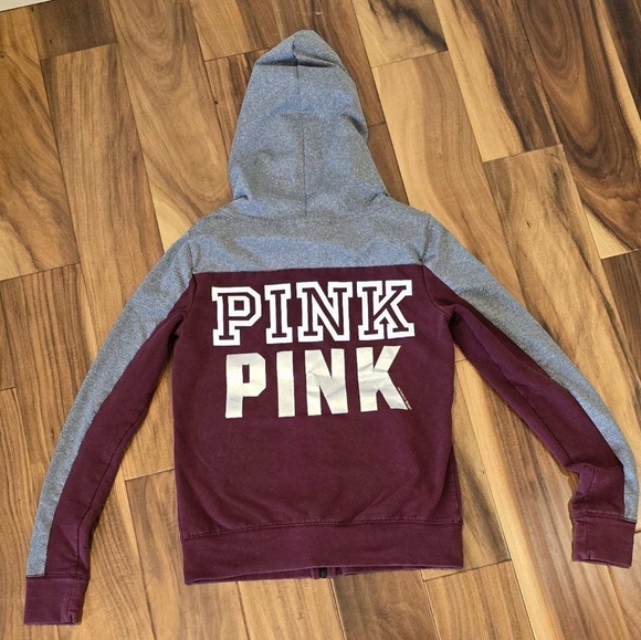 Victoria Secret Pink Full Zip Hooded Jacket Maroon Grey Size Small - Picture 2 of 3
